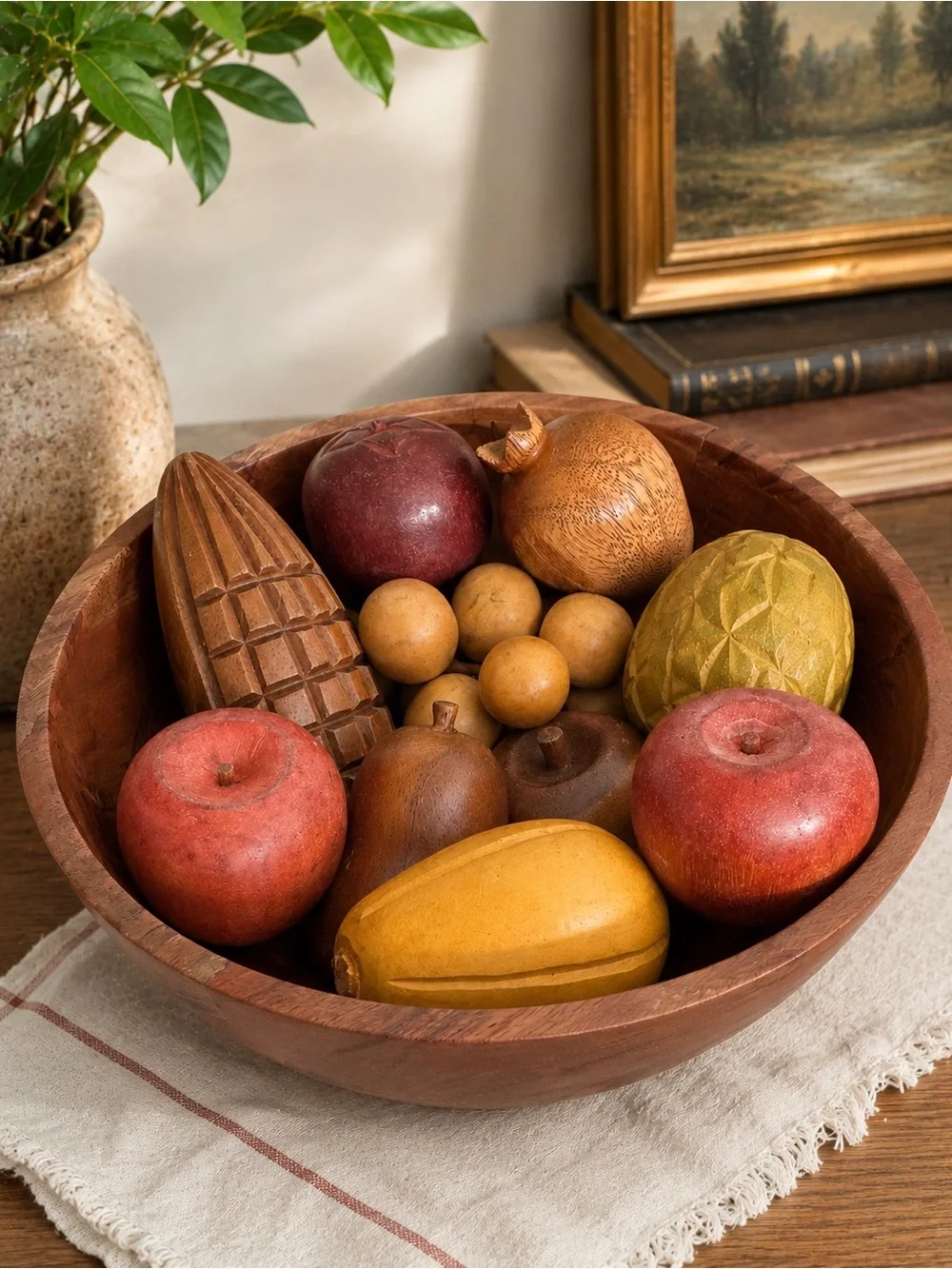 Vintage Wood Fruit Bowl Set Rustic Luxe Artisan Curated Heirloom Kitchen Decor